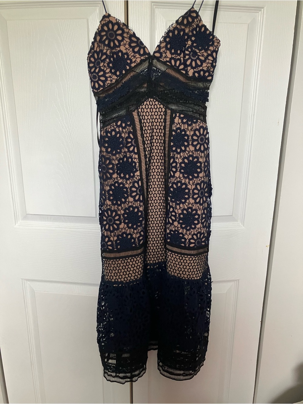 Self-Portrait Navy Lace Midi Dress with Nude Underlay